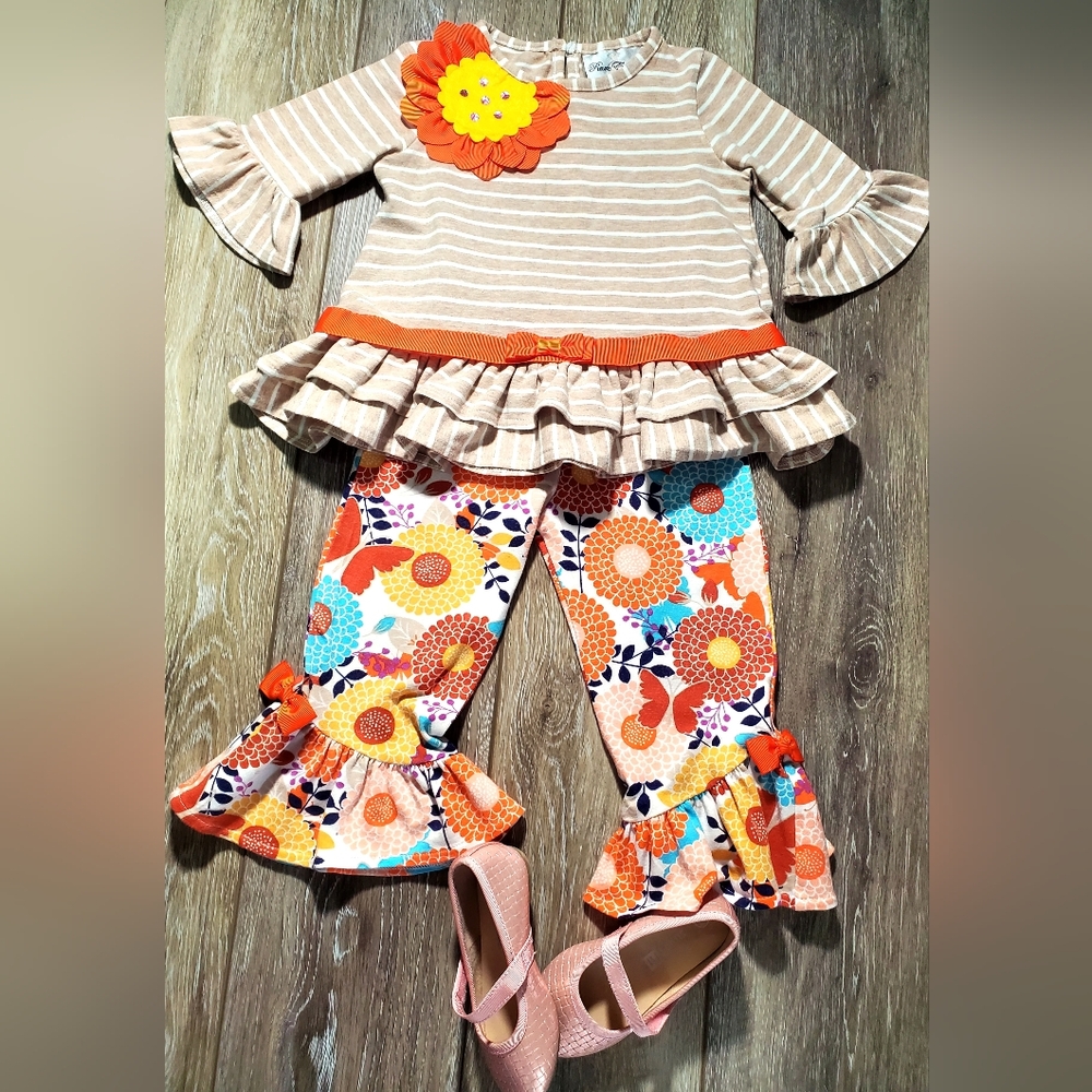 Rare Editions girl's Thanksgiving tan, orange, ruffled leggings, Outfit Sz 18M